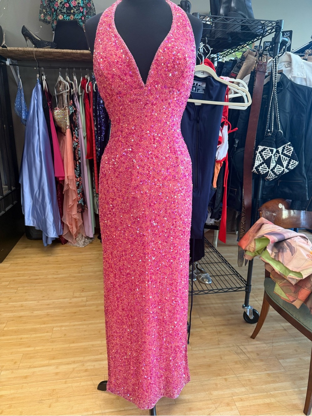 Scala Hot Pink Sequin Halter Prom Gown